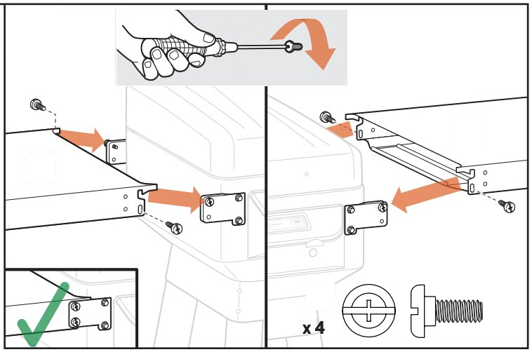 Diagram showing the shelves being attached to the shelf brackets and location of screws. 